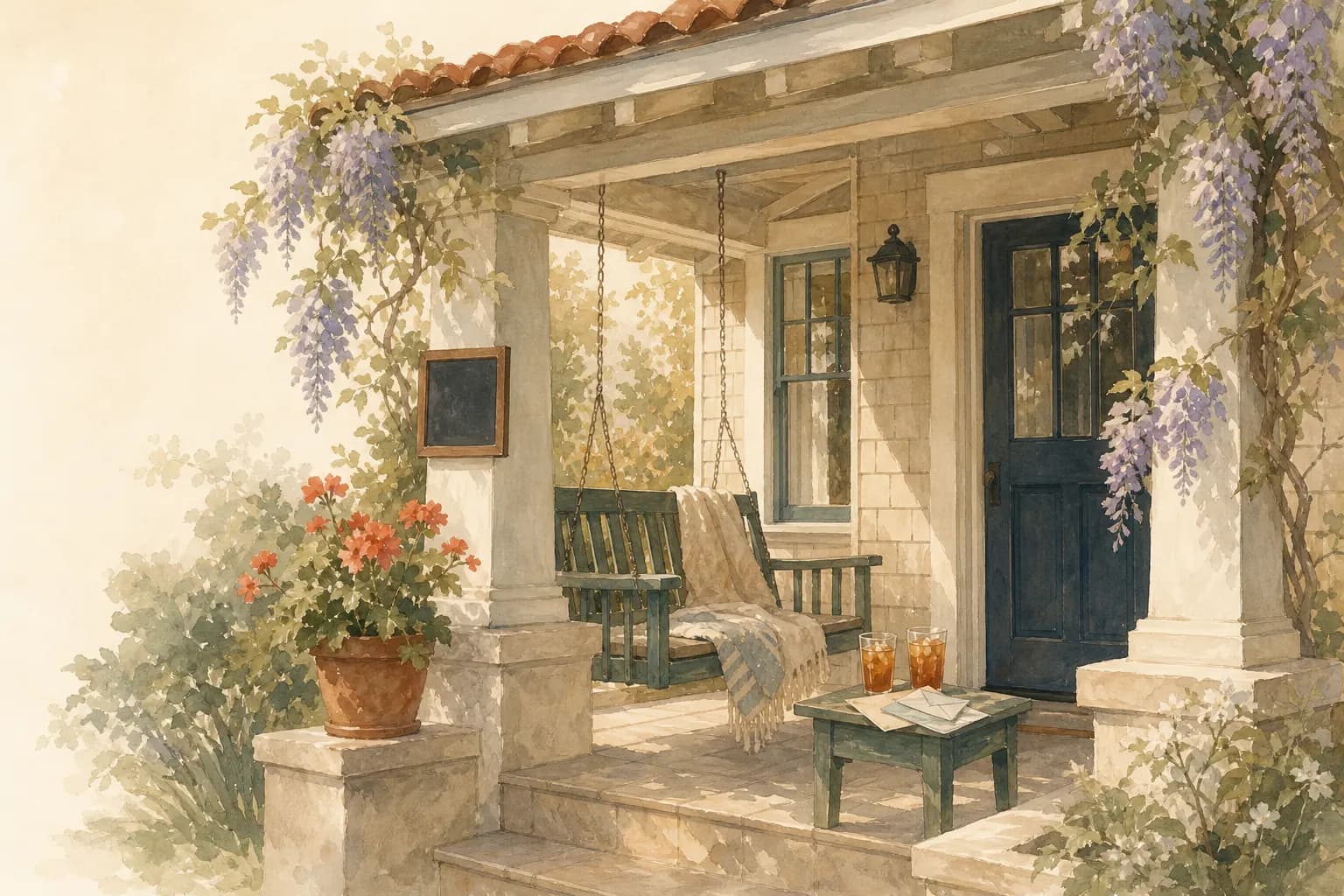 A craftsman bungalow porch at golden hour with a swinging bench, wisteria, and two iced-tea glasses on a side table — a quiet evening in the neighborhood.